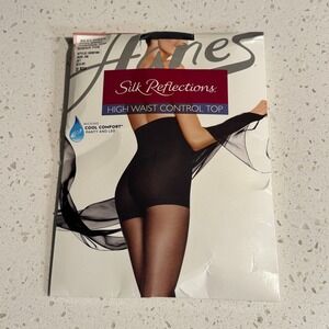Hanes Silk Reflections High Waist Control Top Pantyhose Jet Black AB Q0B184 NIP